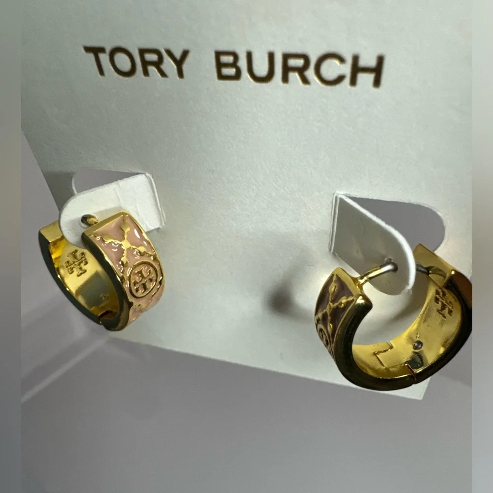 Tory Burch New Monogram Pink Enamel & Gold Plated Huggie Earrings - Picture 8 of 10